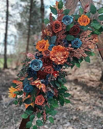FACINOC Roses Artificial Flowers Bouquet Box Set Fake Flower for DIY Bridal Wedding Shower Decorations Centerpieces for Table Faux Silk Floral Arrangement for Party Home Decor Indoor Teal Orange - Image 5