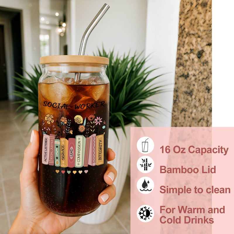 Skylety 9 Pcs Social Worker Gift Set for Women Trapezoid Grocery Canvas Tote Bags with Handle Glass Jar Tumbler Scented Candle Badge Reel Socks Novelty Appreciation Gift - Image 4