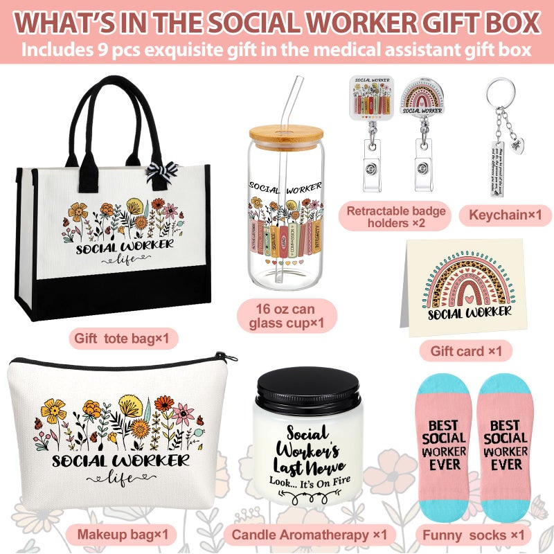Skylety 9 Pcs Social Worker Gift Set for Women Trapezoid Grocery Canvas Tote Bags with Handle Glass Jar Tumbler Scented Candle Badge Reel Socks Novelty Appreciation Gift - Image 2