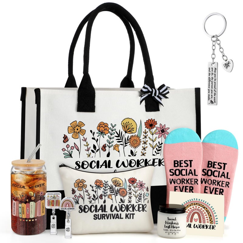 Skylety 9 Pcs Social Worker Gift Set for Women Trapezoid Grocery Canvas Tote Bags with Handle Glass Jar Tumbler Scented Candle Badge Reel Socks Novelty Appreciation Gift - Image 1