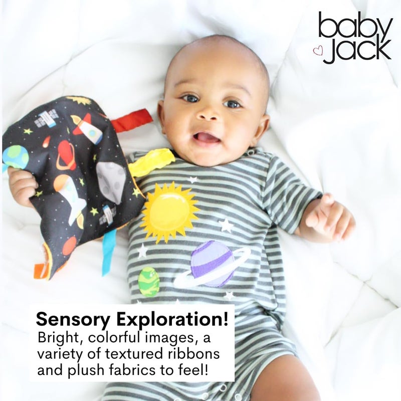 The Learning Lovey Baby Jack & Co 8x8” Outer Space Lovey Tag Toys for Babies - Crinkle Toys - Travel Self Sooth - Soft & Safe - Learn Shapes, Colors, Planets - BPA Free w/Stroller Clip - Image 4