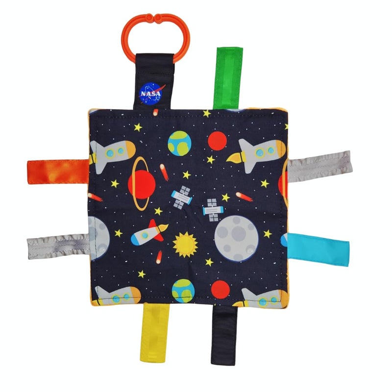 The Learning Lovey Baby Jack & Co 8x8” Outer Space Lovey Tag Toys for Babies - Crinkle Toys - Travel Self Sooth - Soft & Safe - Learn Shapes, Colors, Planets - BPA Free w/Stroller Clip - Image 1