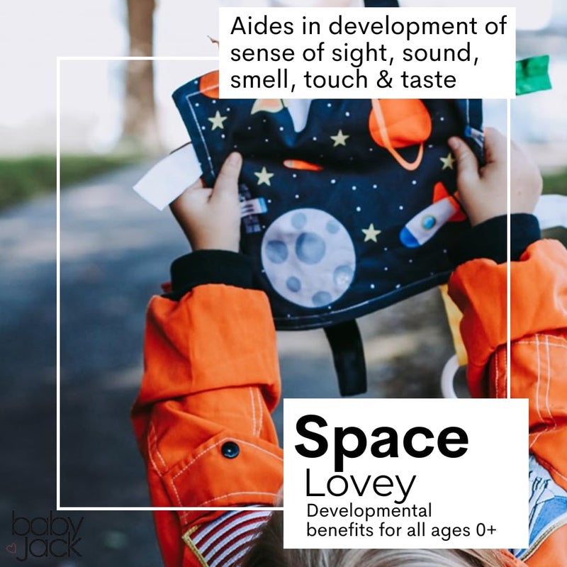 The Learning Lovey Baby Jack & Co 8x8” Outer Space Lovey Tag Toys for Babies - Crinkle Toys - Travel Self Sooth - Soft & Safe - Learn Shapes, Colors, Planets - BPA Free w/Stroller Clip - Image 3