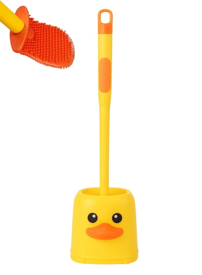 فرشاة تنظيف المرحاض مع خزان لتوزيع الصابون - فرشاة سيليكون مثبتة على الحائط مع علبة تخزين على شكل بطة لطيفة، منظف حمام صحي سهل الجفاف - Image 1