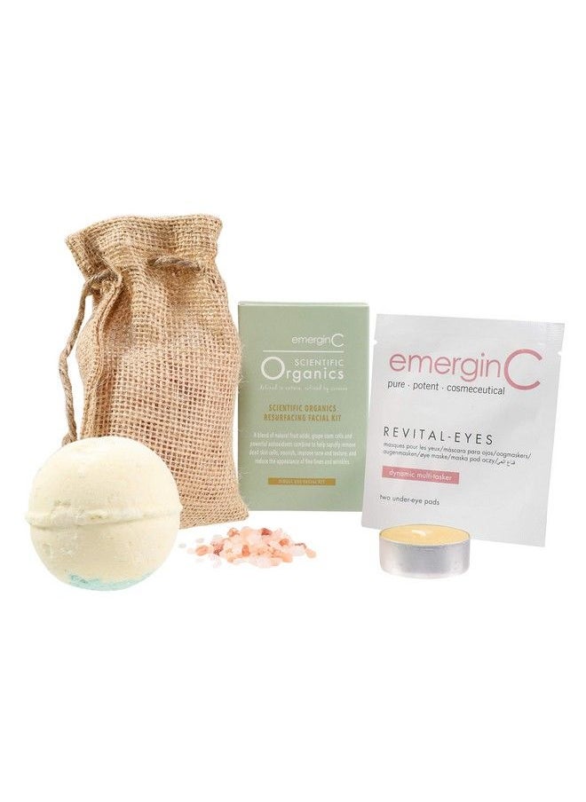 EmerginC - Athome Luxury Spa Kit Scientific Organics 5Piece Skincare + Self Care Set Resurfacing Facial Kit Revitaleyes Mask Essential Oil Bath Bomb Himalayan Bath Salts + Beeswax Candle - Image 1