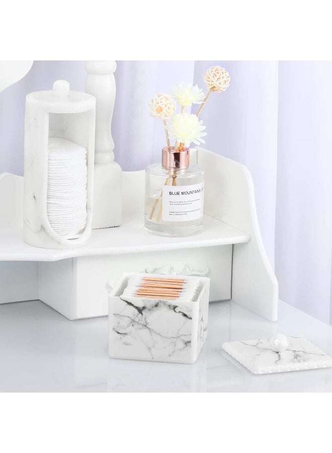 Luxspire Cotton Swab Storage Box With Lid, Q-Tip Swab Holder Cotton Ball Canister Jar Cotton Bud Round Dispenser Box, Cosmetics Makeup Countertop Vanity Bathroom Organizer Containers, Marble White  - Image 2