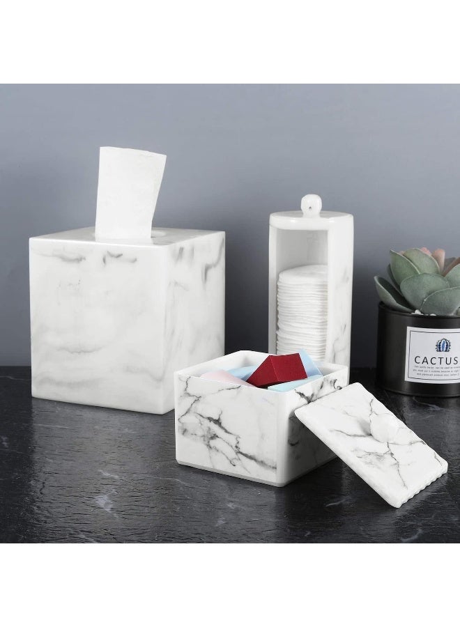 Luxspire Cotton Swab Storage Box With Lid, Q-Tip Swab Holder Cotton Ball Canister Jar Cotton Bud Round Dispenser Box, Cosmetics Makeup Countertop Vanity Bathroom Organizer Containers, Marble White  - Image 3