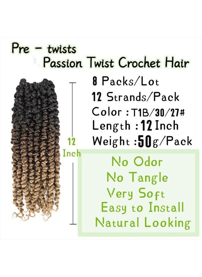 LOSMOEER - 8 Packs Passion Twist Hair 12 Inch Pre-twisted Passion Twist Crochet Hair Pre-looped Crochet Braids for Women Passion Twists Braiding Hair Synthetic Hair Extensions(12Strands/Pack; 1B/30/27#) - Image 1