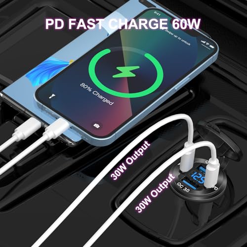 Hapytrip 2 Pack 4 Port 12V USB Outlet Aluminum Charger, 78W Dual PD & QC Multiple USB Port for Car, USB C Cigarette Lighter Replacement 12 Volt Socket with Voltmeter Waterproof for Marine Boat Motorcycle RV - Image 4