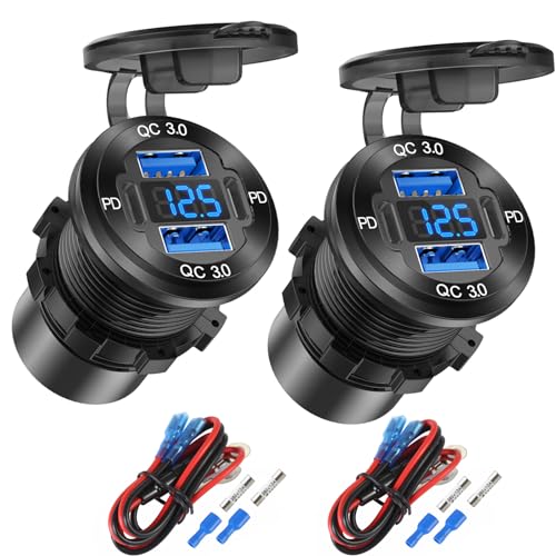 Hapytrip 2 Pack 4 Port 12V USB Outlet Aluminum Charger, 78W Dual PD & QC Multiple USB Port for Car, USB C Cigarette Lighter Replacement 12 Volt Socket with Voltmeter Waterproof for Marine Boat Motorcycle RV - Image 1