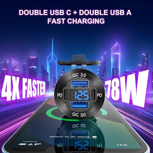 Hapytrip 2 Pack 4 Port 12V USB Outlet Aluminum Charger, 78W Dual PD & QC Multiple USB Port for Car, USB C Cigarette Lighter Replacement 12 Volt Socket with Voltmeter Waterproof for Marine Boat Motorcycle RV - Image 2