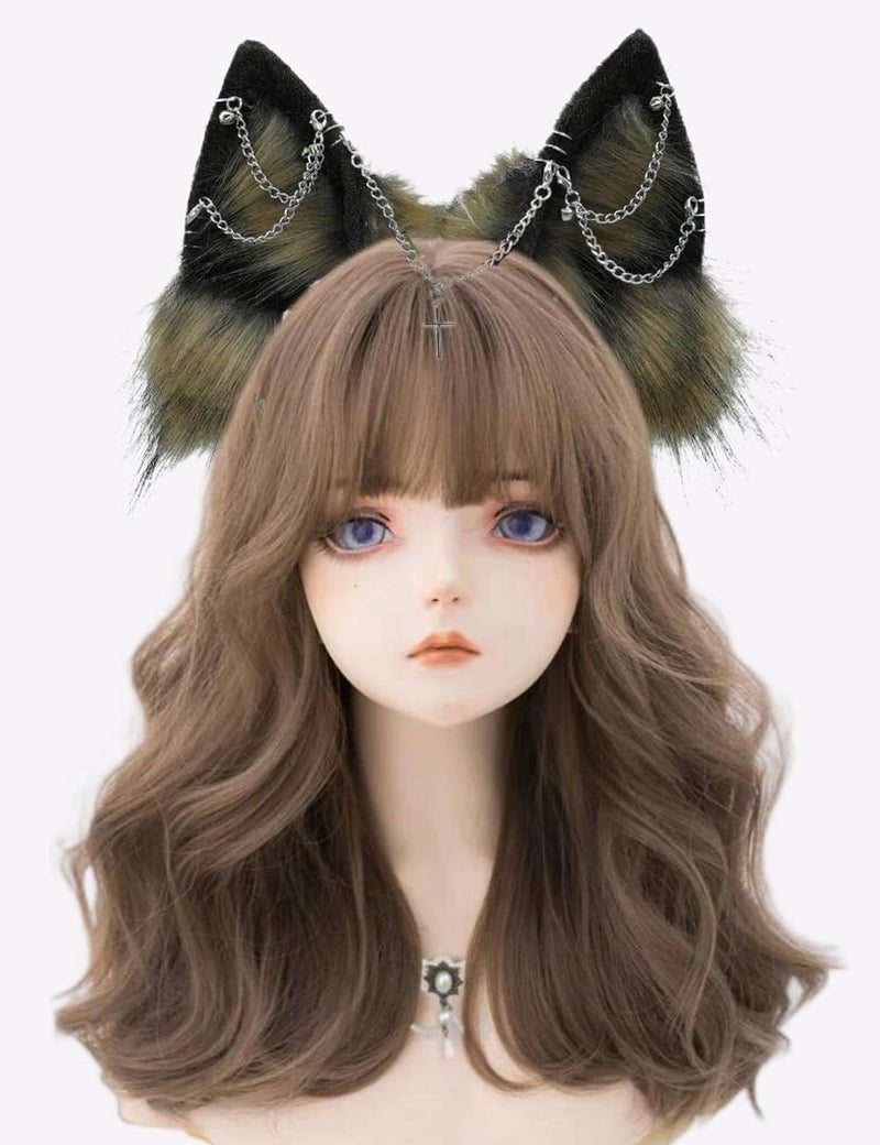 VIGVAN Handmade Wolf Fox Ears Animal Cosplay Cute Head Accessories for Halloween (Chain Brown Black) - Image 4