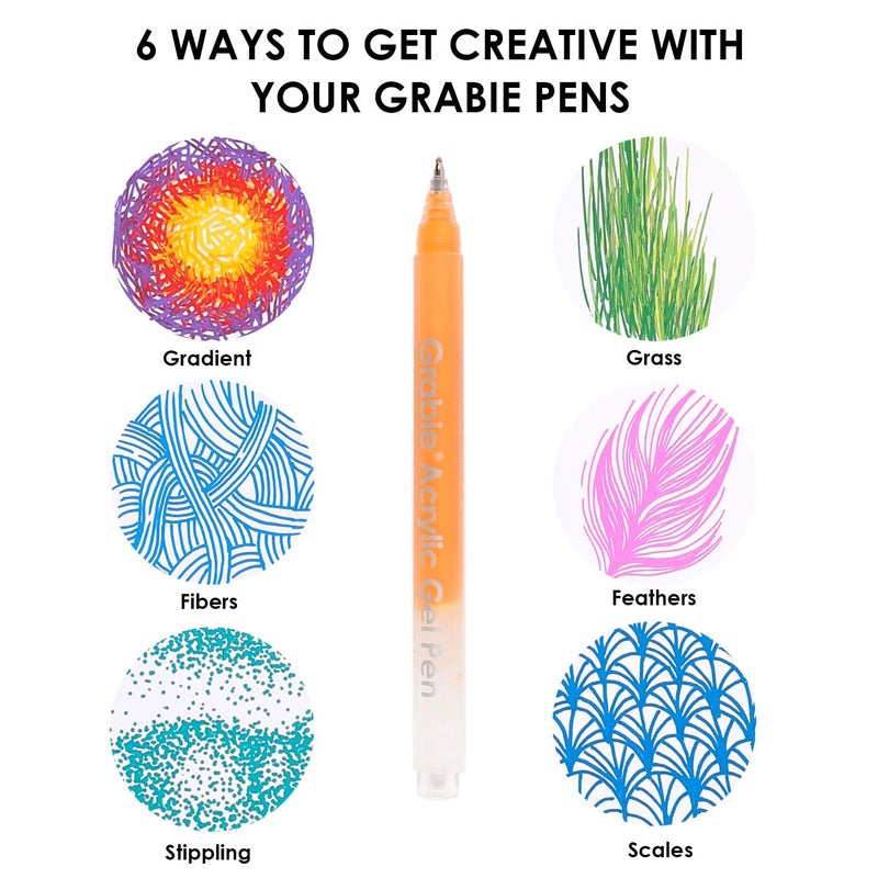 Grabie 12Colors Acrylic Gel Pens&Coloring Book, Medium Point Colored Gel Pens, Acrylic Gel Ink Pen Assorted Colored for Drawing, Note Taking, Bold&Bright Coloring Kit, Set of 12 (Essential Colors) - Image 4
