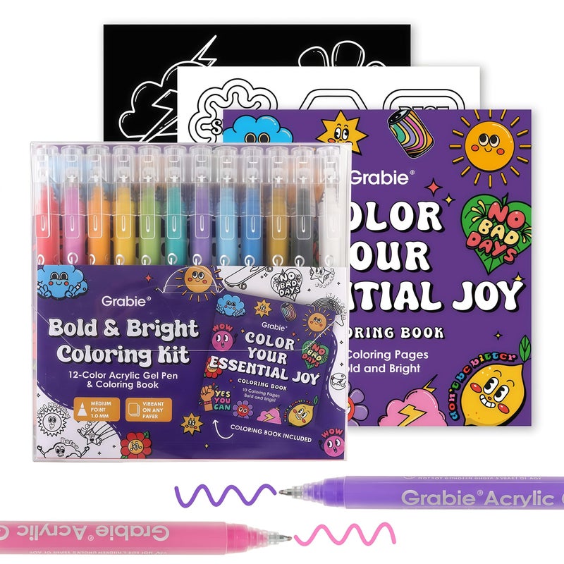 Grabie 12Colors Acrylic Gel Pens&Coloring Book, Medium Point Colored Gel Pens, Acrylic Gel Ink Pen Assorted Colored for Drawing, Note Taking, Bold&Bright Coloring Kit, Set of 12 (Essential Colors) - Image 1