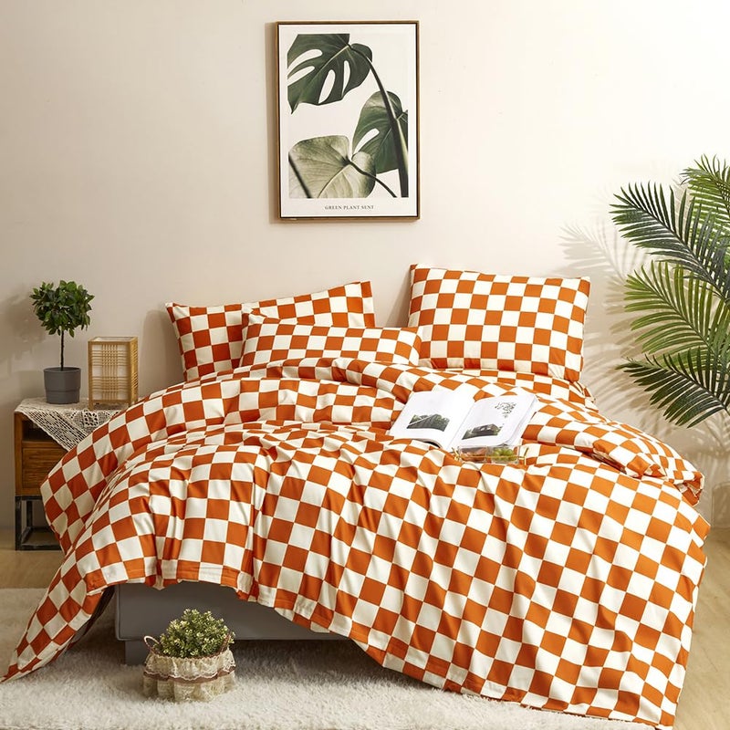 CLOTHKNOW Burnt Orange Plaid Comforter Set Full Gird Bedding Comforter Sets Checker Bed Comforter Sets Terracotta Comforter Full Soft Rust White Bedding 3Pcs Caramel Comforter Sets Full