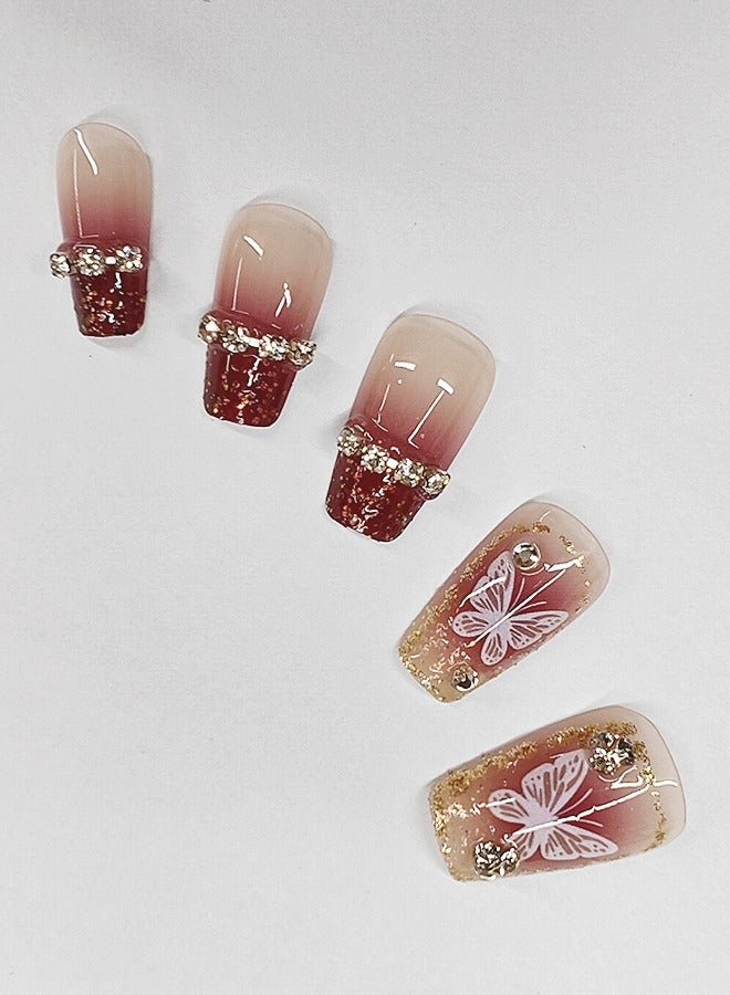 NIBEMINENT 24 قطعة أظافر صناعية، أظافر صناعية في علبة، أظافر صناعية قصيرة ذات رأس مسطح بلون وردي أحمر متدرج، أظافر صناعية لامعة، زركون على شكل فراشة بيضاء، رقعة أظافر صناعية - Image 2