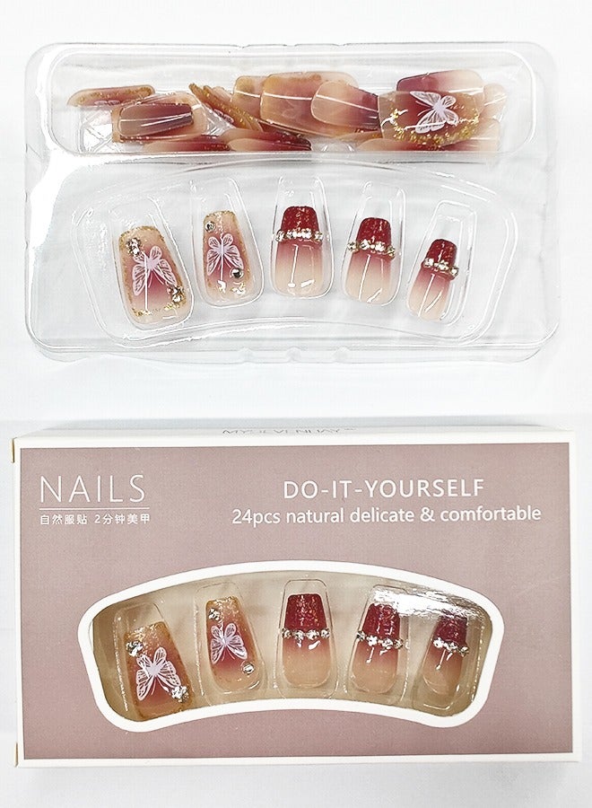 NIBEMINENT 24 قطعة أظافر صناعية، أظافر صناعية في علبة، أظافر صناعية قصيرة ذات رأس مسطح بلون وردي أحمر متدرج، أظافر صناعية لامعة، زركون على شكل فراشة بيضاء، رقعة أظافر صناعية - Image 3