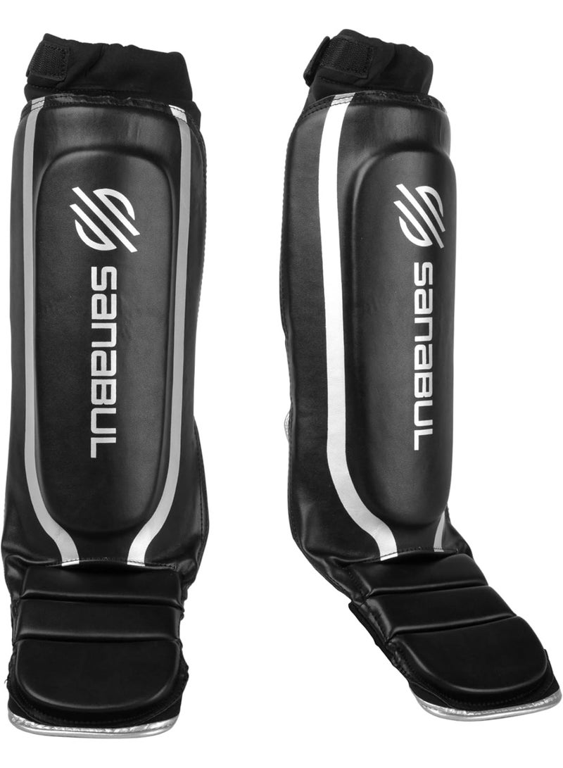Sanabul Essential Kickboxing Shin Guards – Hook & Loop Straps, Pro-Tested Shin Pads for MMA, Muay Thai & Kickboxing – Metallic Silver, S/M - Image 1