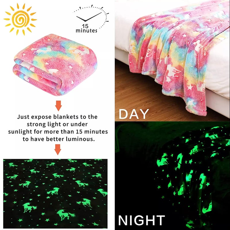 Prancing Unicorn Blankets for New Born Babies Kids Age 1-2-3-4-5-6-7-8 Years Fluffy Comfortable Cozy Soft 50"x60" Glow in The Dark Throw Flannel Glowing Neon Radium Plush Magic (Rainbow Unicorn) - Image 2