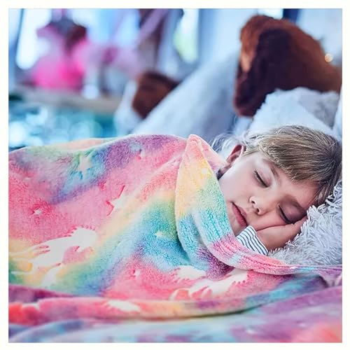 Prancing Unicorn Blankets for New Born Babies Kids Age 1-2-3-4-5-6-7-8 Years Fluffy Comfortable Cozy Soft 50"x60" Glow in The Dark Throw Flannel Glowing Neon Radium Plush Magic (Rainbow Unicorn) - Image 1