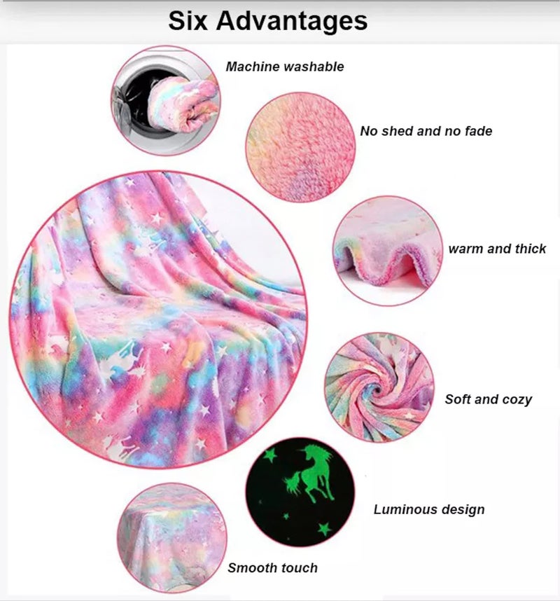 Prancing Unicorn Blankets for New Born Babies Kids Age 1-2-3-4-5-6-7-8 Years Fluffy Comfortable Cozy Soft 50"x60" Glow in The Dark Throw Flannel Glowing Neon Radium Plush Magic (Rainbow Unicorn) - Image 4