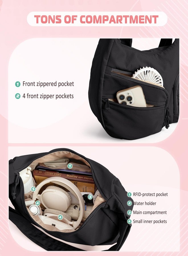 Smasrob Crescent Crossbody Bag with RFID Blocking Pocket and Water Bottle Holder, Slouchy Crossbody Bag with Multiple Pockets, Black - Image 4