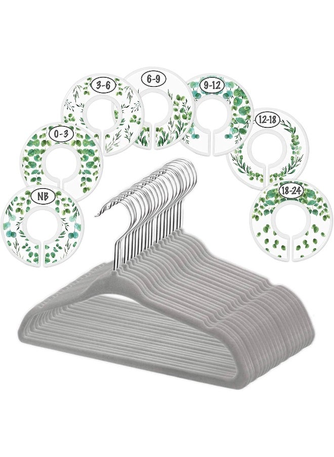 Little Miracles Baby Hangers and Closet Size Dividers - 7X Botanical Clothing Dividers with 20x Velvet Hangers for Baby Closets - Nursery Clothes Organizer - Eucalyptus Vines Leaf Plant Greenery Décor [Botanical]  - Image 1