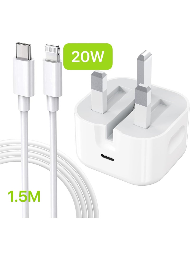 حقل شاحن iPhone سريع 20 واط | محول شاحن حائط USB-C سريع مع كابل USB-C إلى Lightning بطول 1.5 متر، متوافق مع iPhone 14/14 Pro/14 Pro Max/13/12/SE2020/11/XR/XS Max/X/iPad - Image 1