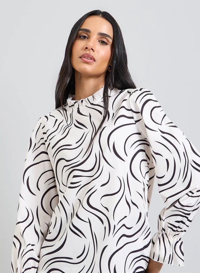 Take Two White Printed Ruffled Neck Blouse