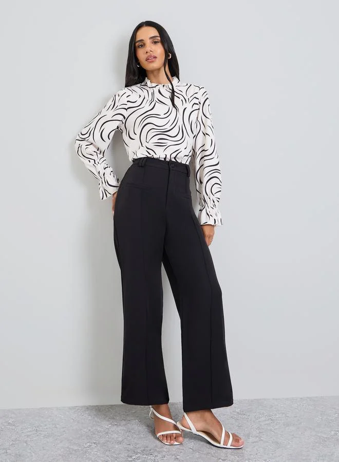 Take Two White Printed Ruffled Neck Blouse