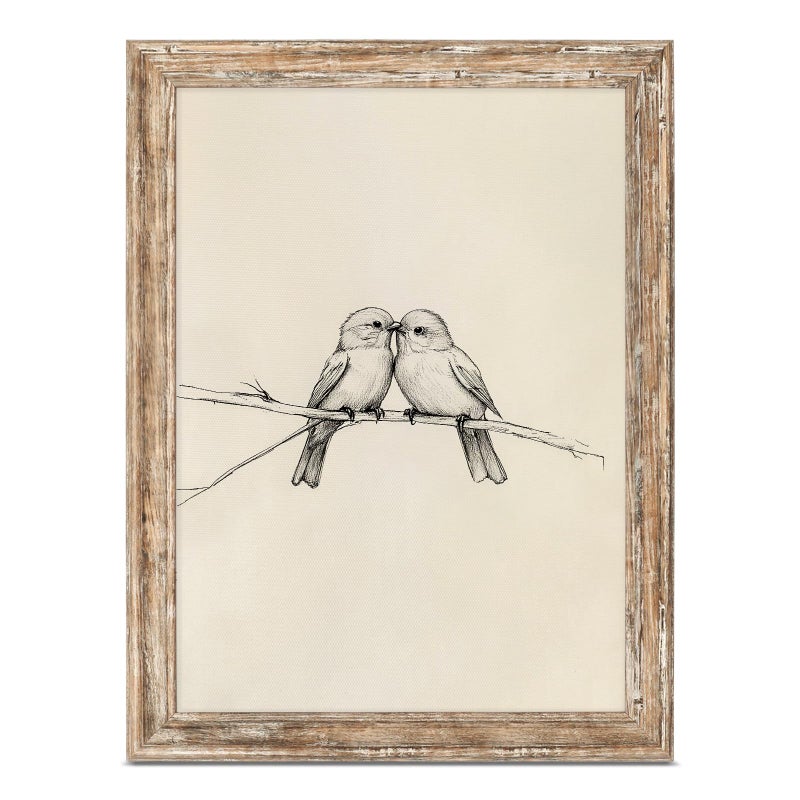 ASTRDECOR Vintage Birds Framed Canvas Wall Art â€“ Two Birds Sketch Artwork, Farmhouse Rustic Aesthetic Decor for Bedroom, Living Room or Shelf, with Distressed Faux Wood Frame 12x16 Inch - Image 1