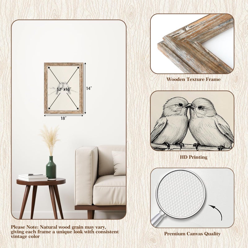 ASTRDECOR Vintage Birds Framed Canvas Wall Art â€“ Two Birds Sketch Artwork, Farmhouse Rustic Aesthetic Decor for Bedroom, Living Room or Shelf, with Distressed Faux Wood Frame 12x16 Inch - Image 2