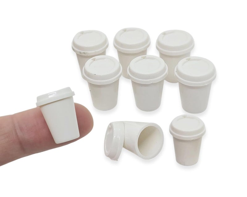 ChangThai Design Very Tiny ¾ Inch High White Plastic Takeaway Coffee Cups 10 Pieces Set - Miniature Tableware Cup Mug Tray Bowl Crockery Cutlery Kitchenware Handmade Mini Decorative Collectible Gifts - Image 1