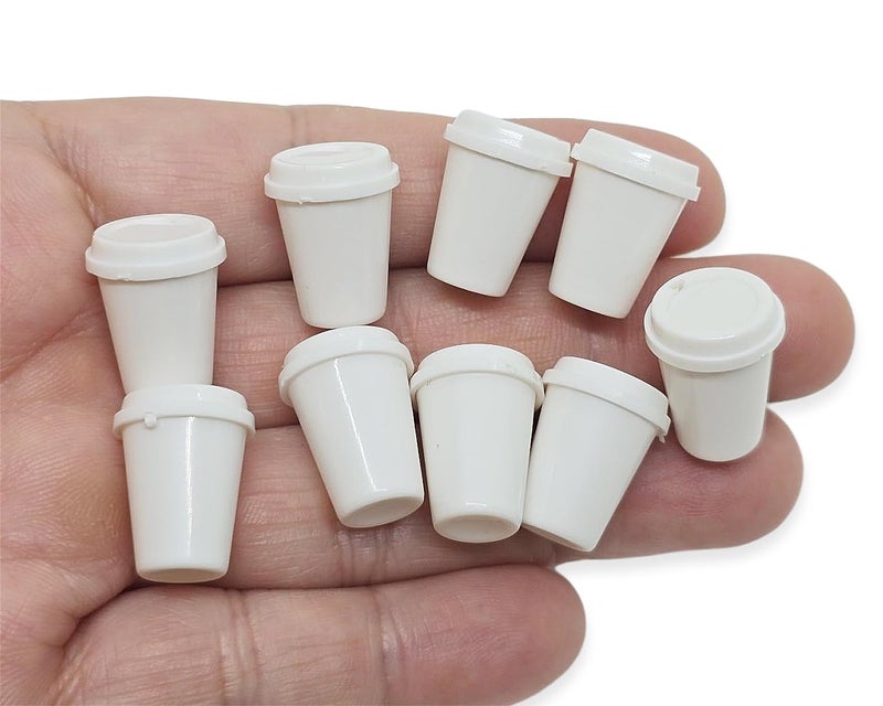 ChangThai Design Very Tiny ¾ Inch High White Plastic Takeaway Coffee Cups 10 Pieces Set - Miniature Tableware Cup Mug Tray Bowl Crockery Cutlery Kitchenware Handmade Mini Decorative Collectible Gifts - Image 3