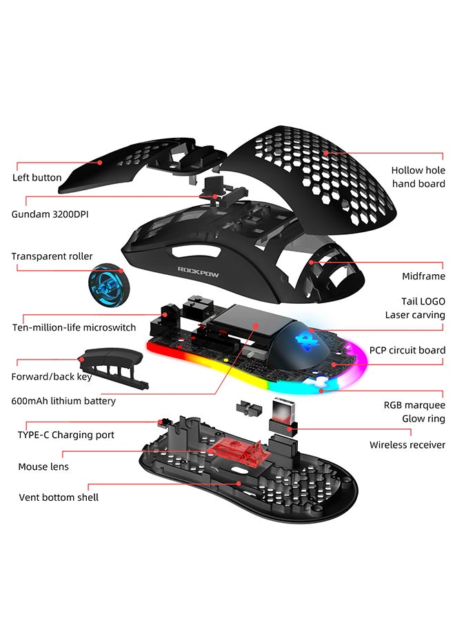 Rock Pow Wireless Gaming Mouse,Honeycomb Hollow Design Ergonomic Wireless Mouse with Backlight, 6 Buttons 4 Speed Adjustable DPI Computer Mouse Rechargeable RGB Gaming Wireless Mouse for Mac Laptop PC - Image 2