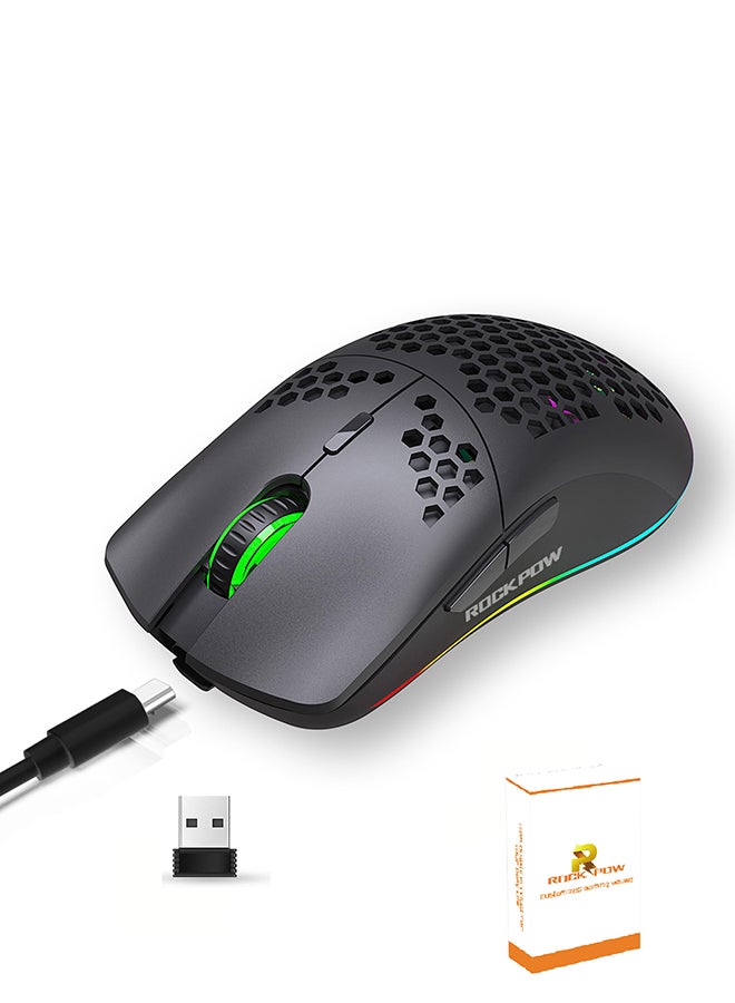 Rock Pow Wireless Gaming Mouse,Honeycomb Hollow Design Ergonomic Wireless Mouse with Backlight, 6 Buttons 4 Speed Adjustable DPI Computer Mouse Rechargeable RGB Gaming Wireless Mouse for Mac Laptop PC