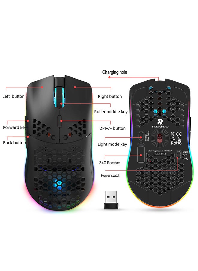 Rock Pow Wireless Gaming Mouse,Honeycomb Hollow Design Ergonomic Wireless Mouse with Backlight, 6 Buttons 4 Speed Adjustable DPI Computer Mouse Rechargeable RGB Gaming Wireless Mouse for Mac Laptop PC - Image 3