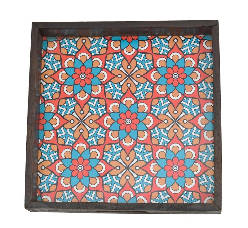 OGGN Multi Printed Wooden Serving Tray, Handmade Mango Wood Platter with Handles, Square Tea Breakfast Wood Plate, Trays for Kitchen, Dining Table (12 X 12 Inch) - Image 4