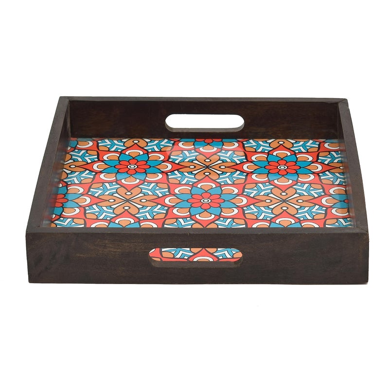 OGGN Multi Printed Wooden Serving Tray, Handmade Mango Wood Platter with Handles, Square Tea Breakfast Wood Plate, Trays for Kitchen, Dining Table (12 X 12 Inch) - Image 5