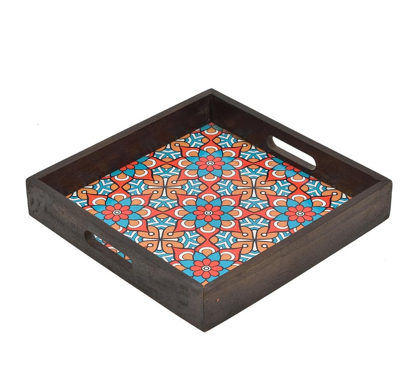 OGGN Multi Printed Wooden Serving Tray, Handmade Mango Wood Platter with Handles, Square Tea Breakfast Wood Plate, Trays for Kitchen, Dining Table (12 X 12 Inch) - Image 3