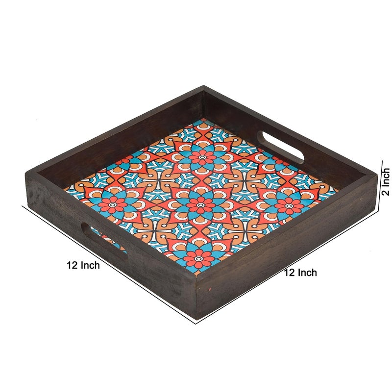OGGN Multi Printed Wooden Serving Tray, Handmade Mango Wood Platter with Handles, Square Tea Breakfast Wood Plate, Trays for Kitchen, Dining Table (12 X 12 Inch) - Image 2