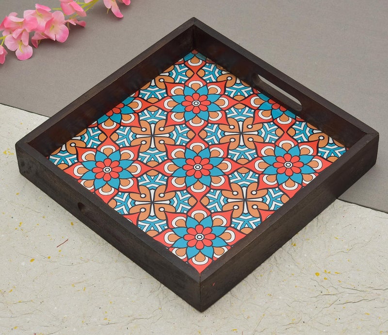 OGGN Multi Printed Wooden Serving Tray, Handmade Mango Wood Platter with Handles, Square Tea Breakfast Wood Plate, Trays for Kitchen, Dining Table (12 X 12 Inch) - Image 1