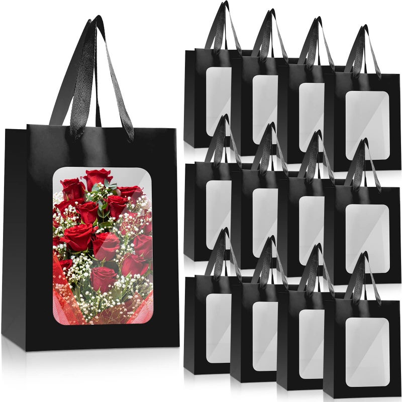 Reginary 50 Pcs Paper Gift Bags with Transparent Window Clear Gift Bag with Handle 98 x 71 x 51 Shopping Tote for Back to School Birthday Bouquet Wedding Festival Party Present WrappingBlack