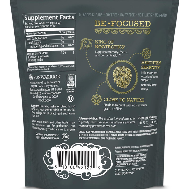 Sunwarrior Lions Mane Supplement Organic Mushroom Powder | Lion's Mane Powder Focus Supplement Mushroom Tea | 150g Pouch 60 Servings | Be Well - Image 2