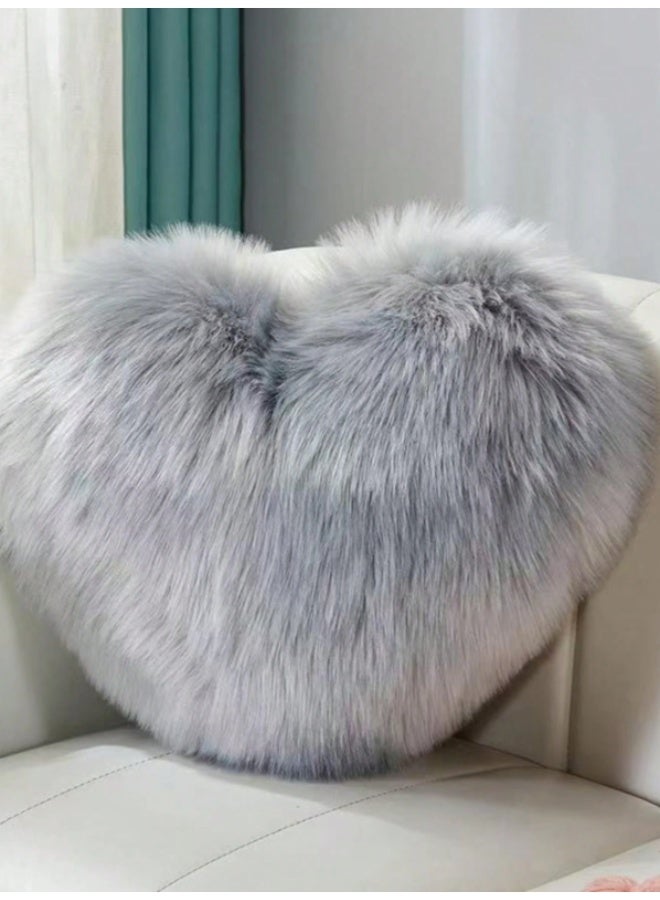 Luxury Gray Heart Shaped Faux Fur Decorative Throw Pillow – Ultra Soft Plush Fluffy Cushion for Sofa, Bed and Chair – Elegant Cozy Accent Pillow for Bedroom, Living Room and Modern Home Decor - Image 1