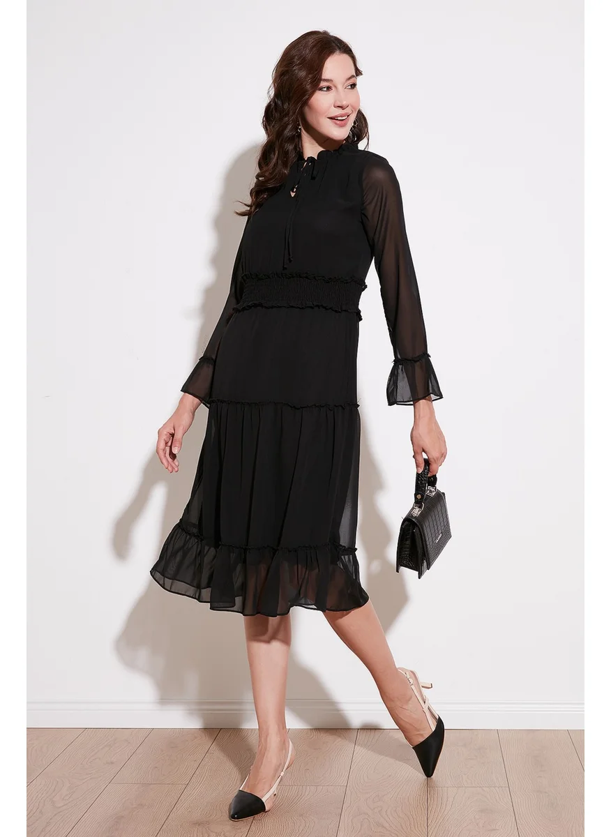 Lela Sleeves Tulle Gimped Regular Fit Midi Length Woven Chiffon Dress Women's Dress 611EL114