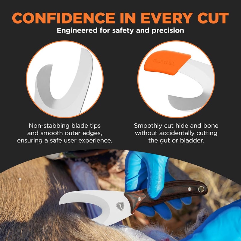 FieldTorq Field Dressing Kit | 3-in-1 Super Tool with Sheath & Sharpener | Skinning Knife for Hunting | Gut Hook | Deer Hunting Knife Set | Pakkawood - Image 5