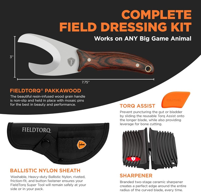 FieldTorq Field Dressing Kit | 3-in-1 Super Tool with Sheath & Sharpener | Skinning Knife for Hunting | Gut Hook | Deer Hunting Knife Set | Pakkawood - Image 3