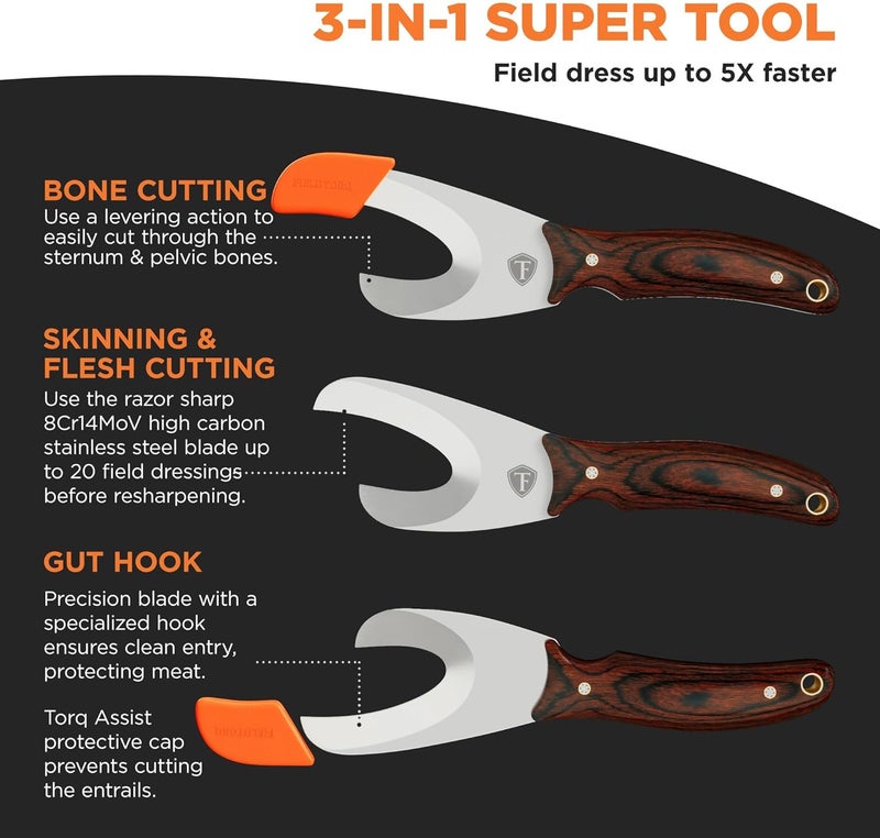 FieldTorq Field Dressing Kit | 3-in-1 Super Tool with Sheath & Sharpener | Skinning Knife for Hunting | Gut Hook | Deer Hunting Knife Set | Pakkawood - Image 2