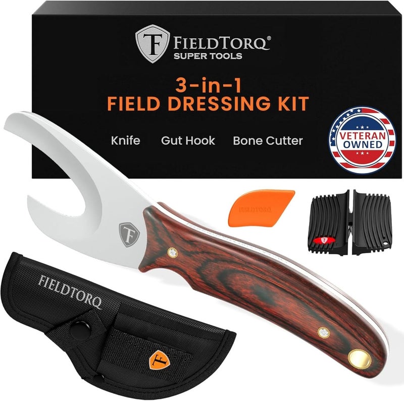 FieldTorq Field Dressing Kit | 3-in-1 Super Tool with Sheath & Sharpener | Skinning Knife for Hunting | Gut Hook | Deer Hunting Knife Set | Pakkawood - Image 1